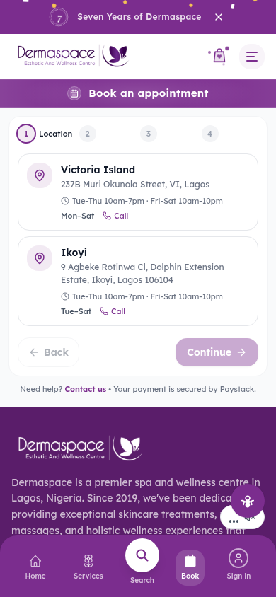 Dermaspace appointment booking wizard showing the branch location step on mobile