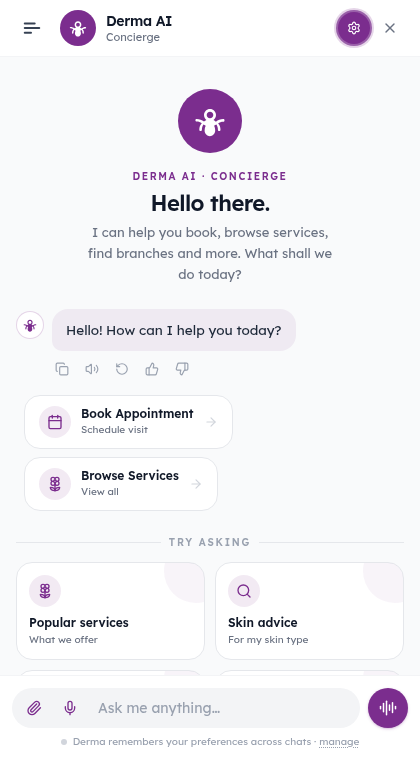 Derma AI chat showing the assistant greeting with quick action cards to book an appointment or browse services