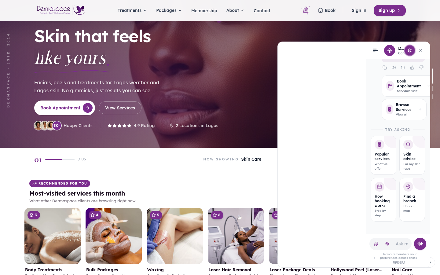 Derma AI Live voice mode highlighted on the Dermaspace website on desktop, inviting the visitor to start a real-time voice chat