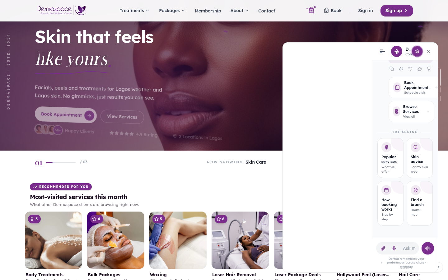 Derma AI concierge docked on the right of the Dermaspace website on desktop, greeting the visitor with quick suggestions