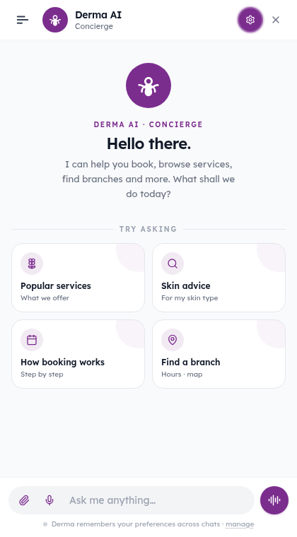 Derma AI welcome screen greeting the user with quick suggestions like popular services, skin advice and finding a branch