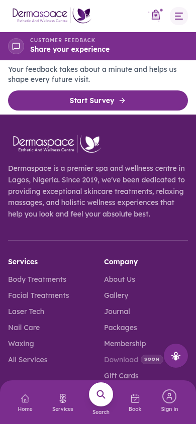 Dermaspace customer feedback survey landing screen on mobile